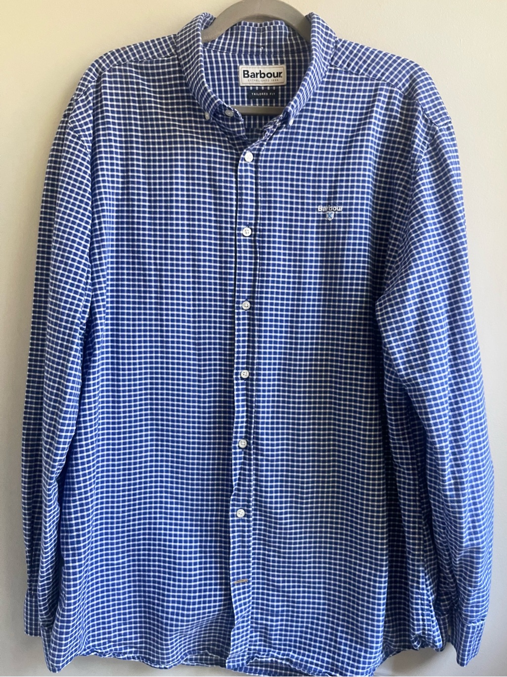 Barbour Blue White Windowpane Check Tattersall Tailored Button Down Shirt Xl